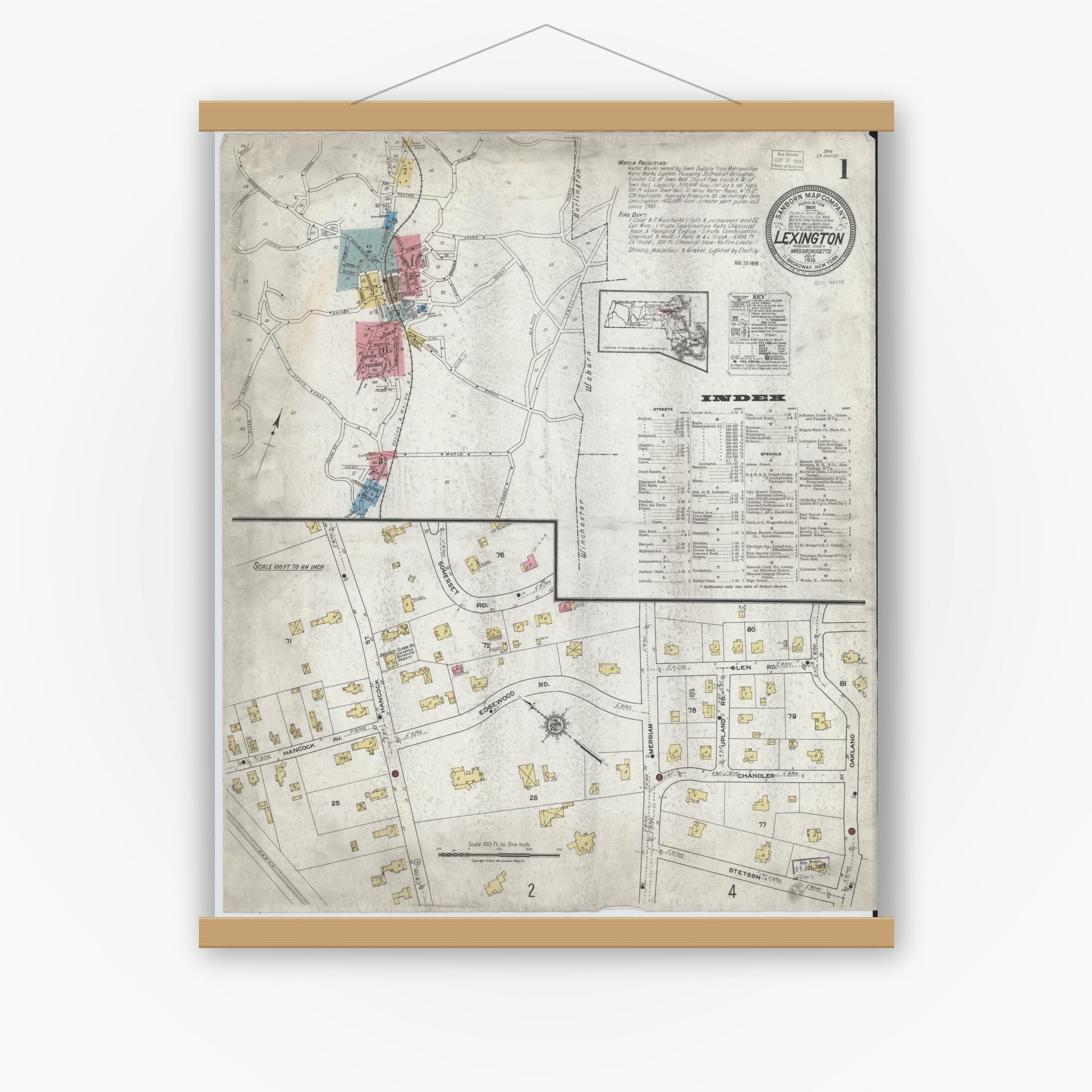 Old map wall art mockup — magnetic wood frame on white wall — Sanborn Fire Insurance Map from Lexington, Middlesex County, Massachusetts (1918), Sheet #0001