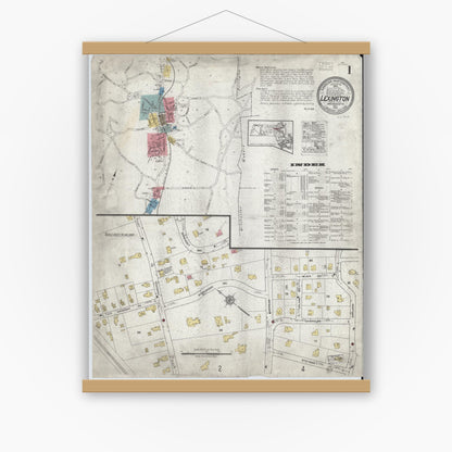 Old map wall art mockup — magnetic wood frame on white wall — Sanborn Fire Insurance Map from Lexington, Middlesex County, Massachusetts (1918), Sheet #0001