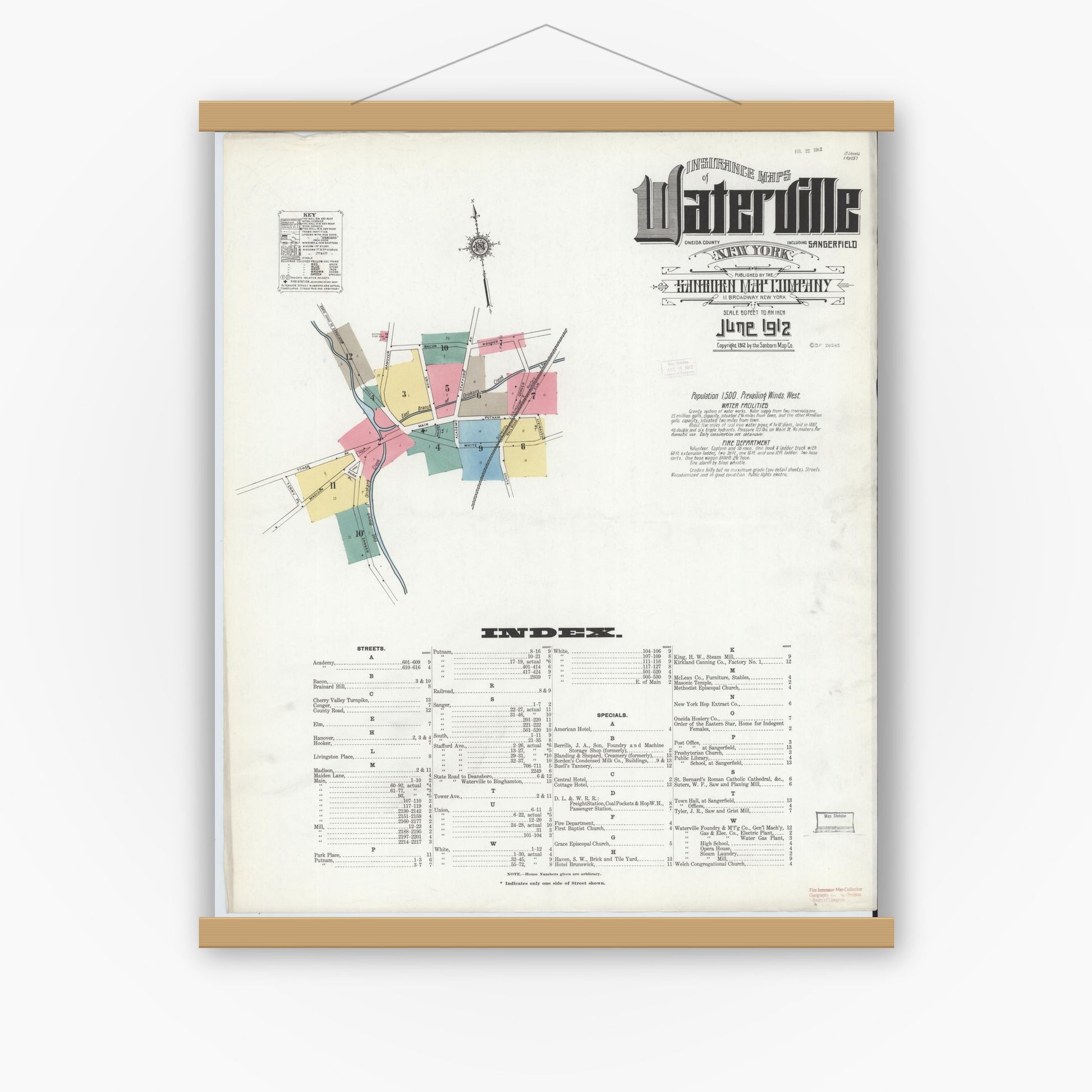 Old map wall art mockup — magnetic wood frame on white wall — Sanborn Fire Insurance Map from Waterville, Oneida County, New York (1912) - Complete Map Set