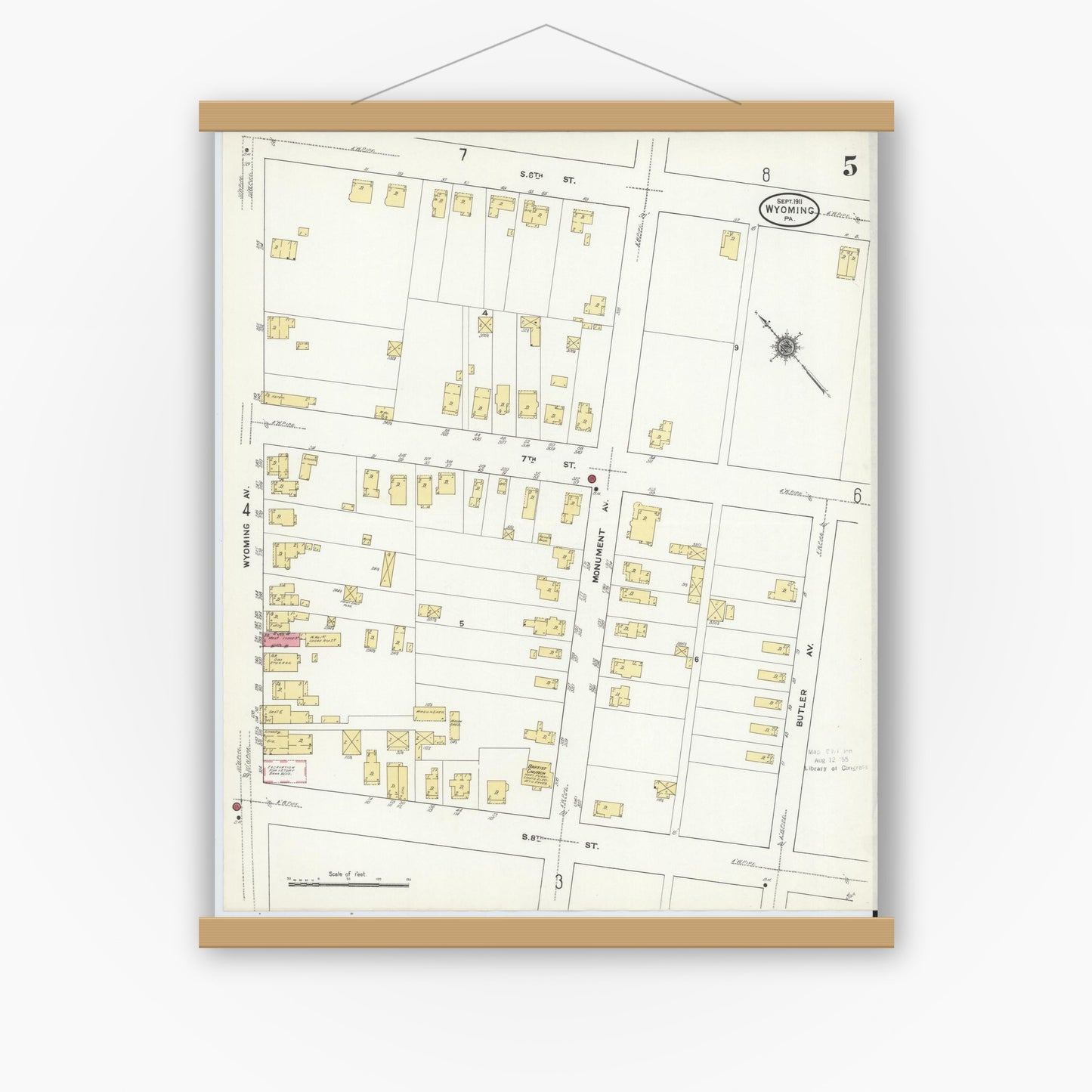 Old map wall art mockup — magnetic wood frame on white wall — Sanborn Fire Insurance Map from Wyoming, Luzerne County, Pennsylvania (1911), Sheet #0005