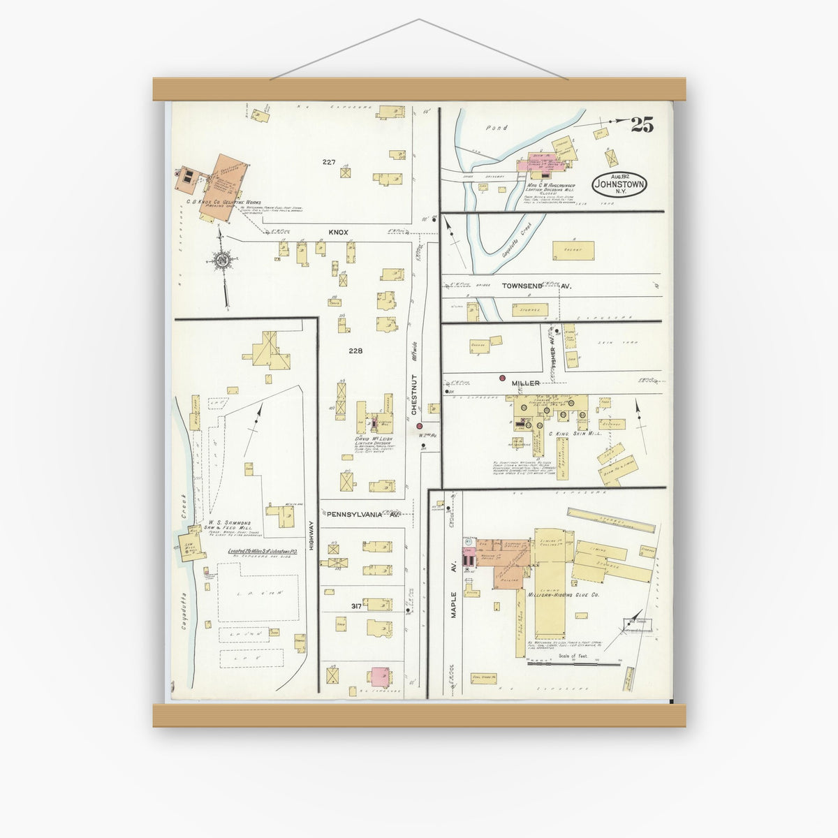 Old map wall art mockup — magnetic wood frame on white wall — Sanborn Fire Insurance Map from Johnstown, Fulton County, New York (1912), Sheet #0025