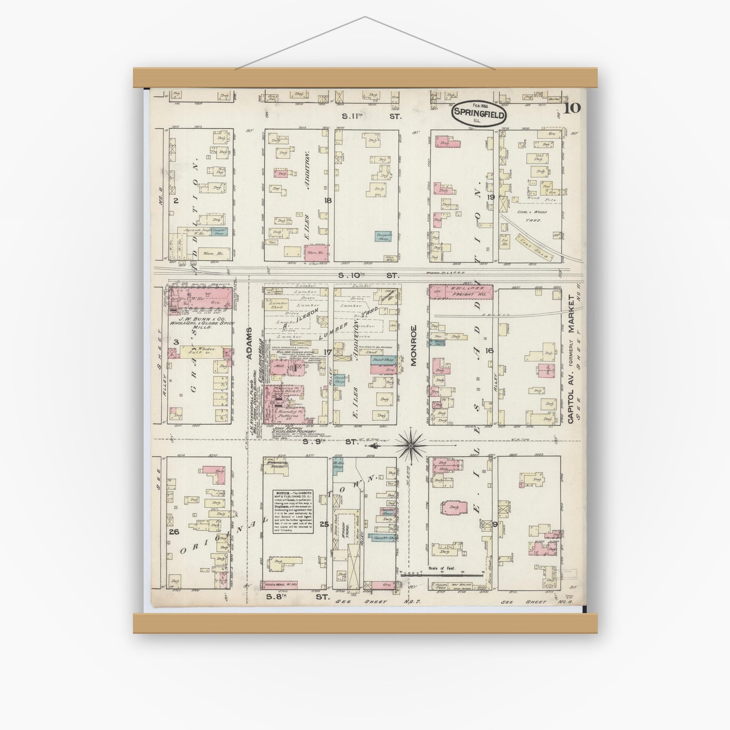Old map wall art mockup — magnetic wood frame on white wall — Sanborn Fire Insurance Map from Springfield, Sangamon County, Illinois (1884), Sheet #0010