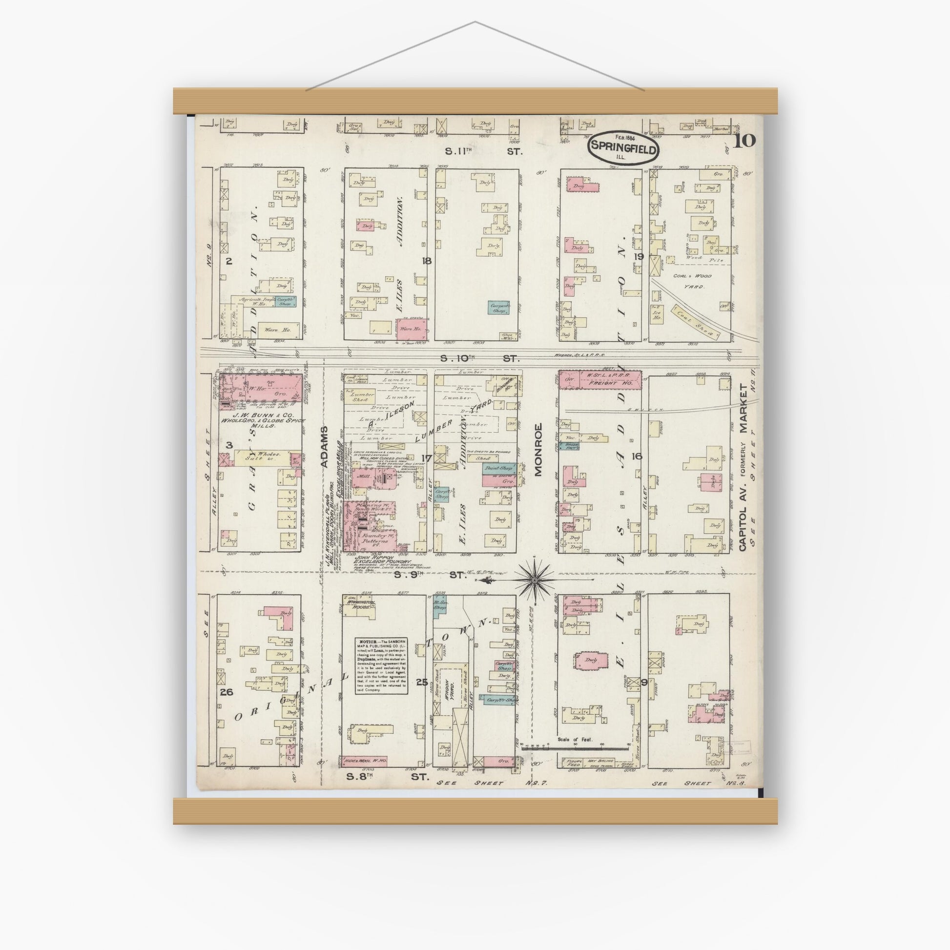 Old map wall art mockup — magnetic wood frame on white wall — Sanborn Fire Insurance Map from Springfield, Sangamon County, Illinois (1884), Sheet #0010