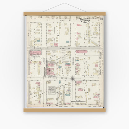 Old map wall art mockup — magnetic wood frame on white wall — Sanborn Fire Insurance Map from Springfield, Sangamon County, Illinois (1884), Sheet #0010