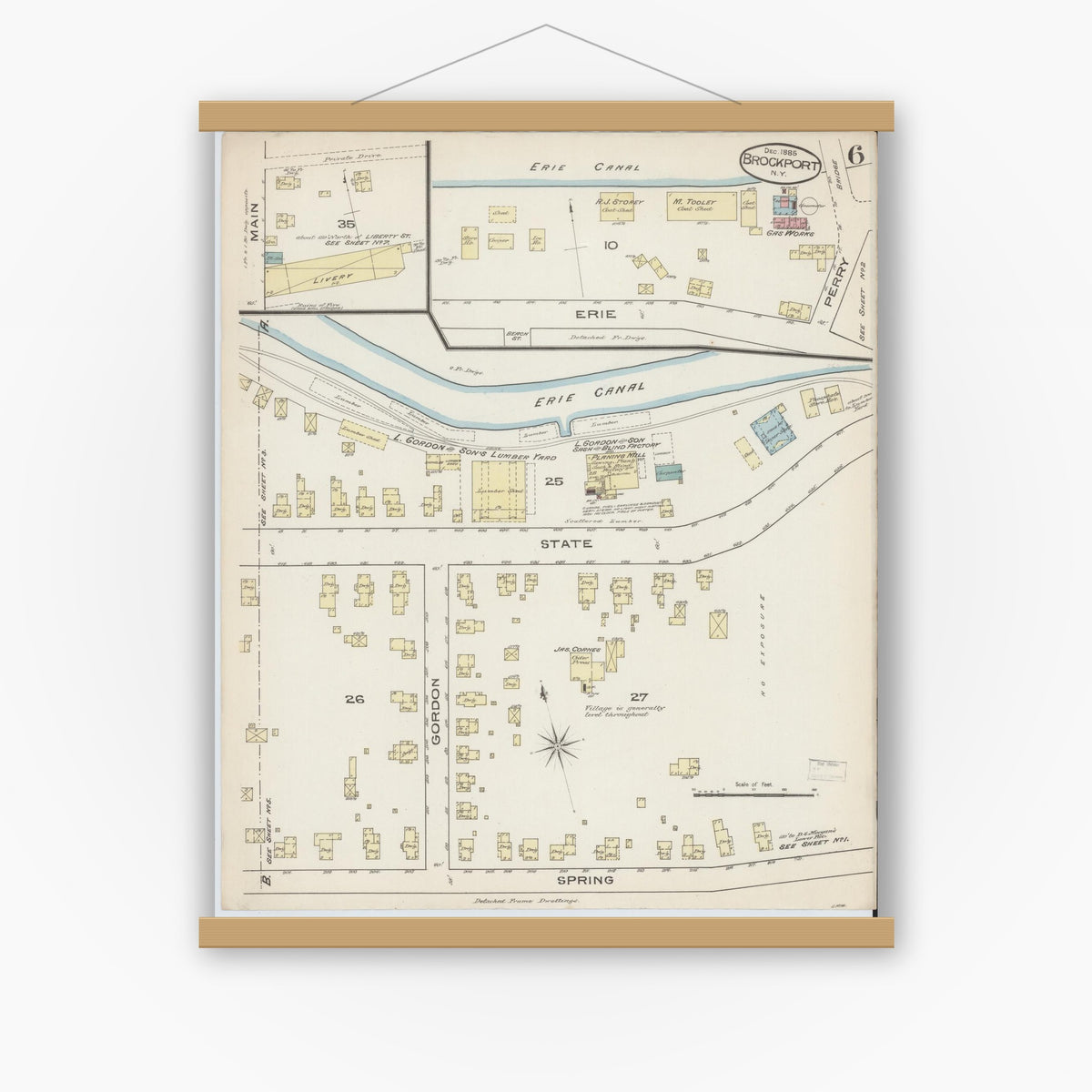 Old map wall art mockup — magnetic wood frame on white wall — Sanborn Fire Insurance Map from Brockport, Monroe County, New York (1885), Sheet #0006