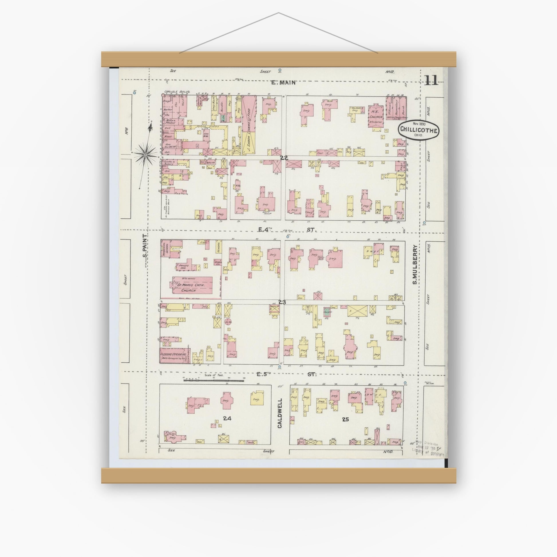 Old map wall art mockup — magnetic wood frame on white wall — Sanborn Fire Insurance Map from Chillicothe, Ross County, Ohio (1890), Sheet #0011