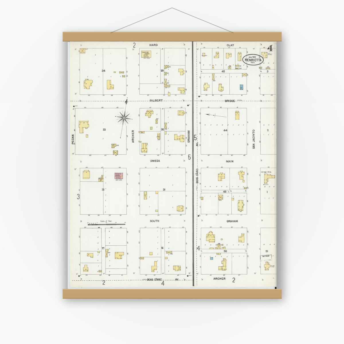 Old map wall art mockup — magnetic wood frame on white wall — Sanborn Fire Insurance Map from Henrietta, Clay County, Texas (1902), Sheet #0004
