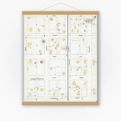 Old map wall art mockup — magnetic wood frame on white wall — Sanborn Fire Insurance Map from Henrietta, Clay County, Texas (1902), Sheet #0004