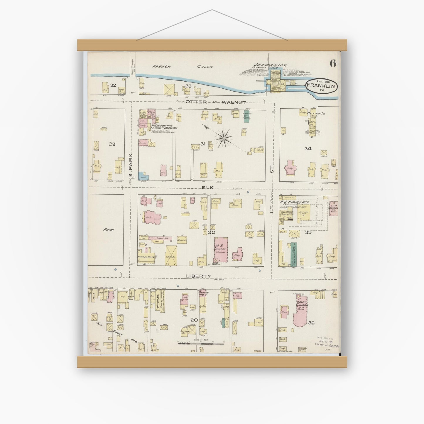 Old map wall art mockup — magnetic wood frame on white wall — Sanborn Fire Insurance Map from Franklin, Venango County, Pennsylvania (1888), Sheet #0006