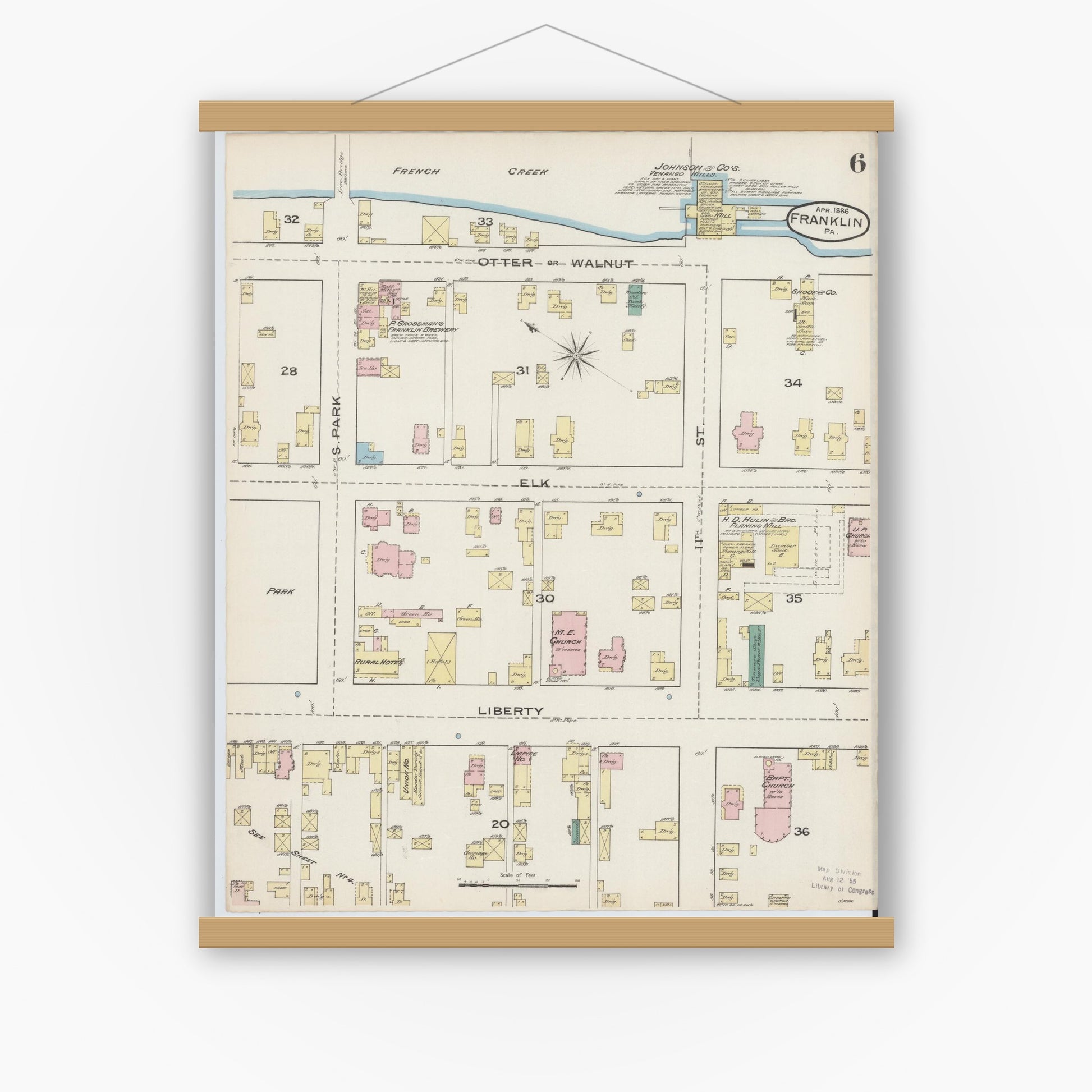Old map wall art mockup — magnetic wood frame on white wall — Sanborn Fire Insurance Map from Franklin, Venango County, Pennsylvania (1888), Sheet #0006