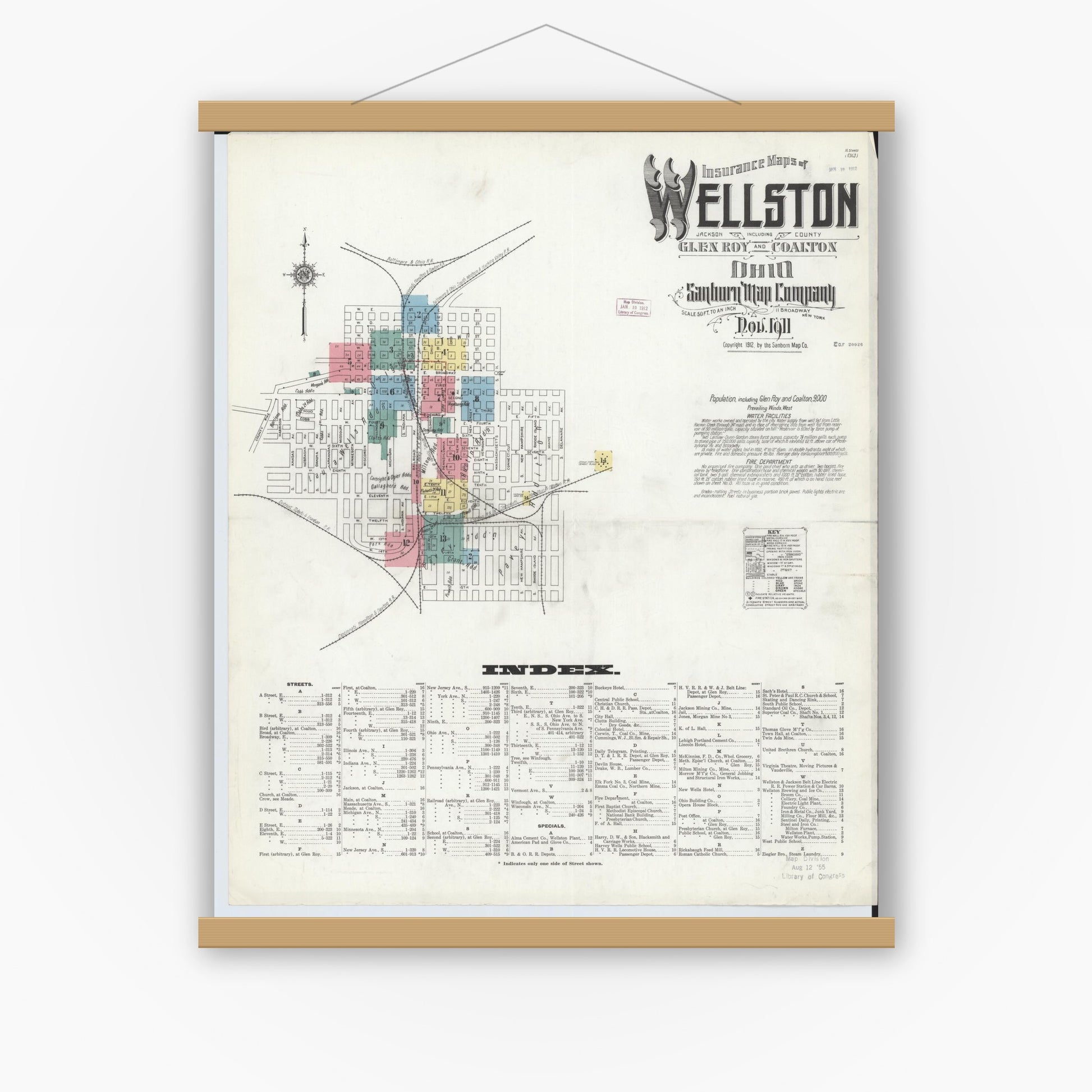 Old map wall art mockup — magnetic wood frame on white wall — Sanborn Fire Insurance Map from Wellston, Jackson County, Ohio (1911), Sheet #0001