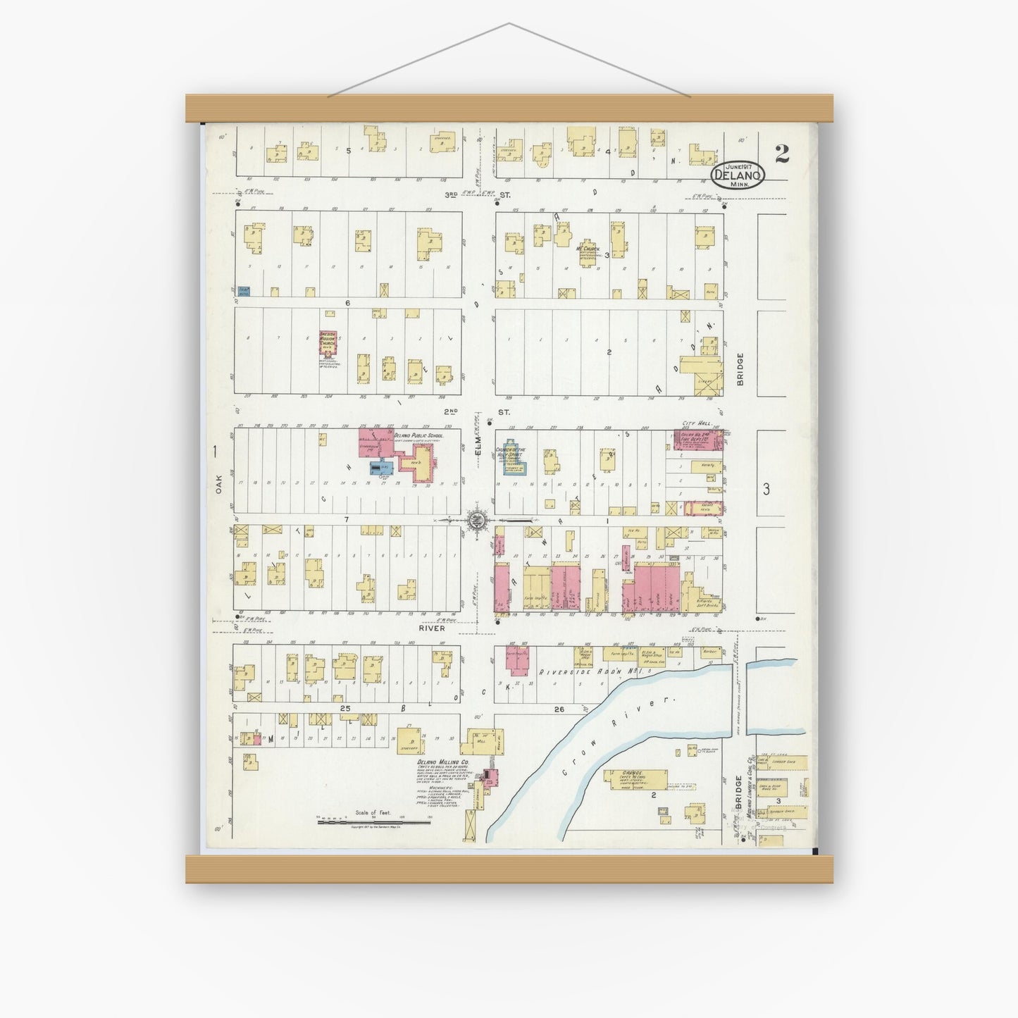 Old map wall art mockup — magnetic wood frame on white wall — Sanborn Fire Insurance Map from Delano, Wright County, Minnesota (1917), Sheet #0002
