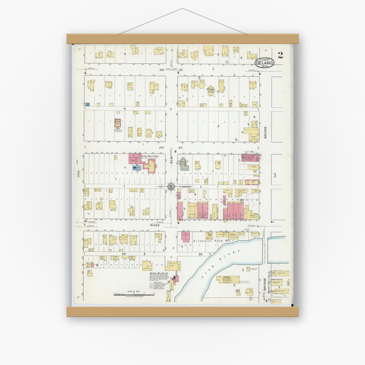 Old map wall art mockup — magnetic wood frame on white wall — Sanborn Fire Insurance Map from Delano, Wright County, Minnesota (1917), Sheet #0002