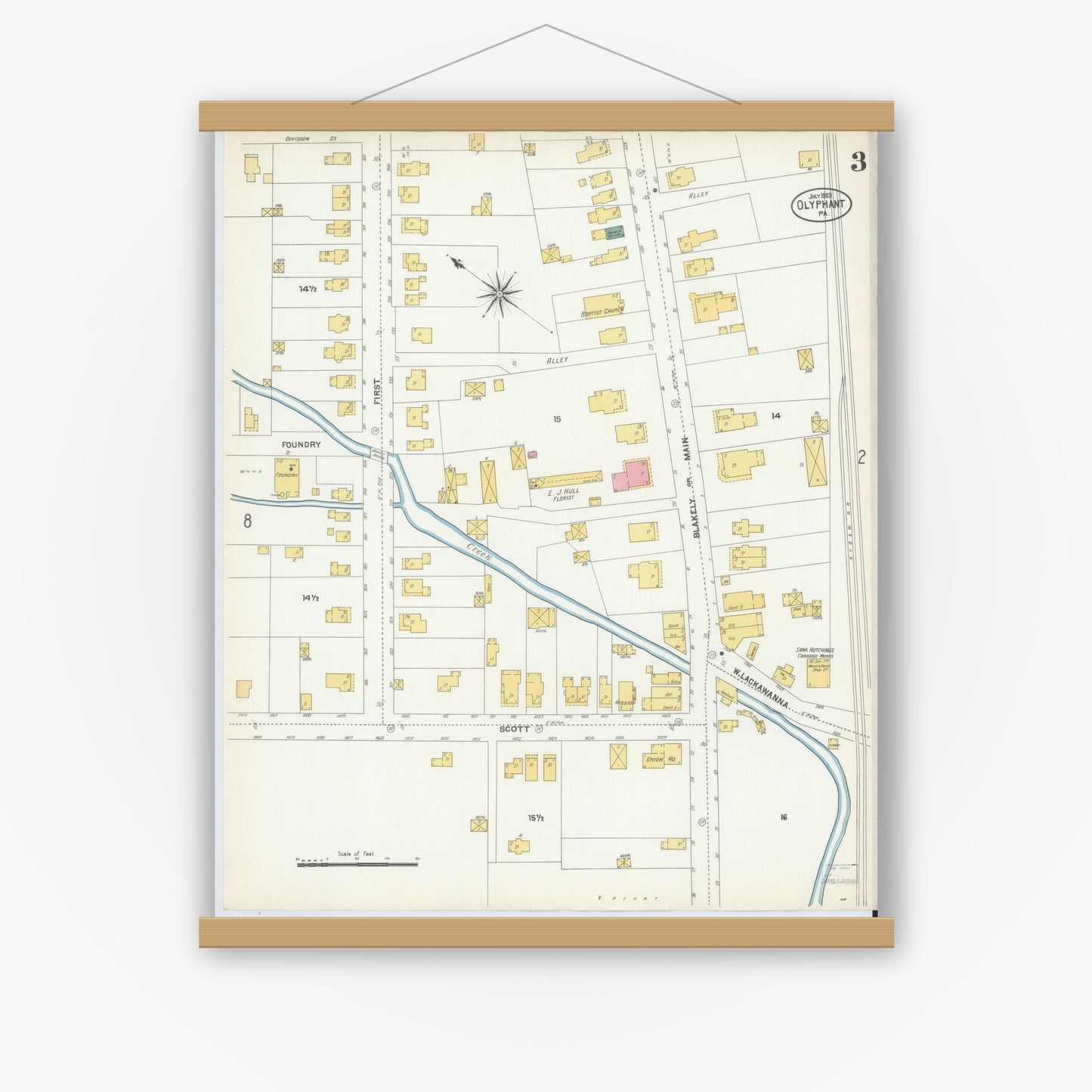Old map wall art mockup — magnetic wood frame on white wall — Sanborn Fire Insurance Map from Olyphant, Lackawanna County, Pennsylvania (1903), Sheet #0003