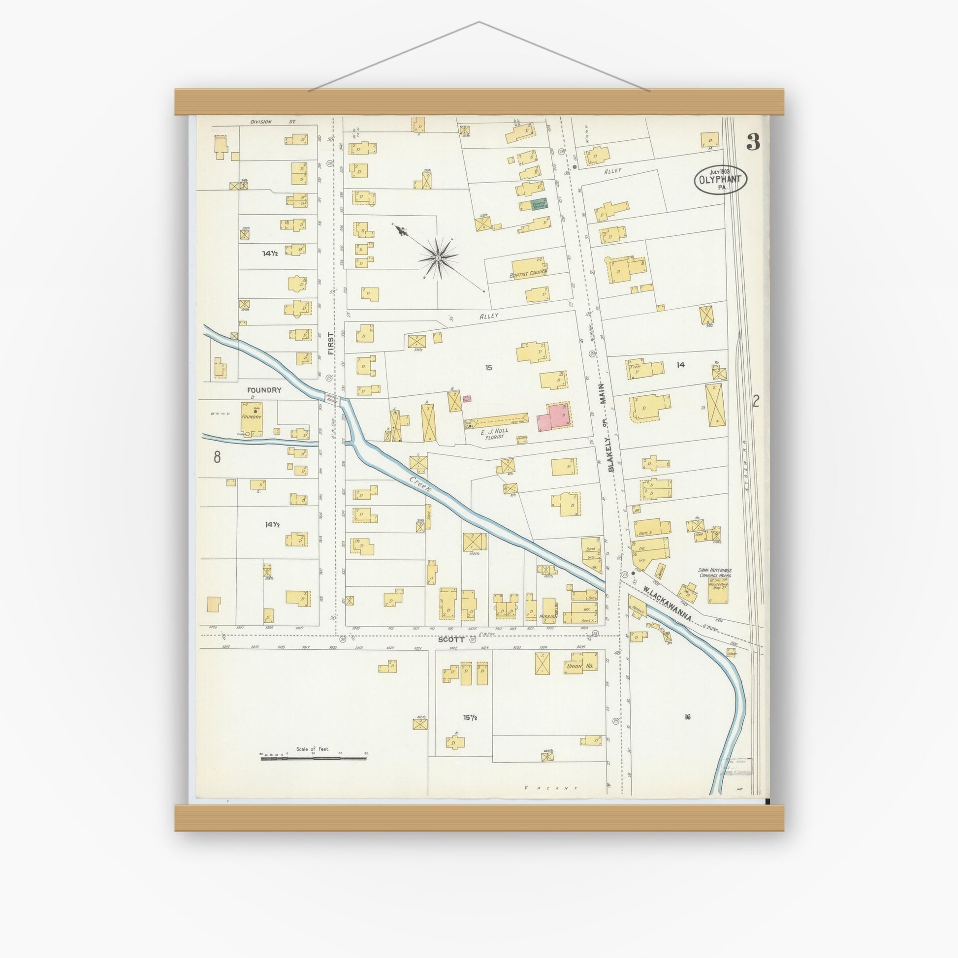 Old map wall art mockup — magnetic wood frame on white wall — Sanborn Fire Insurance Map from Olyphant, Lackawanna County, Pennsylvania (1903), Sheet #0003