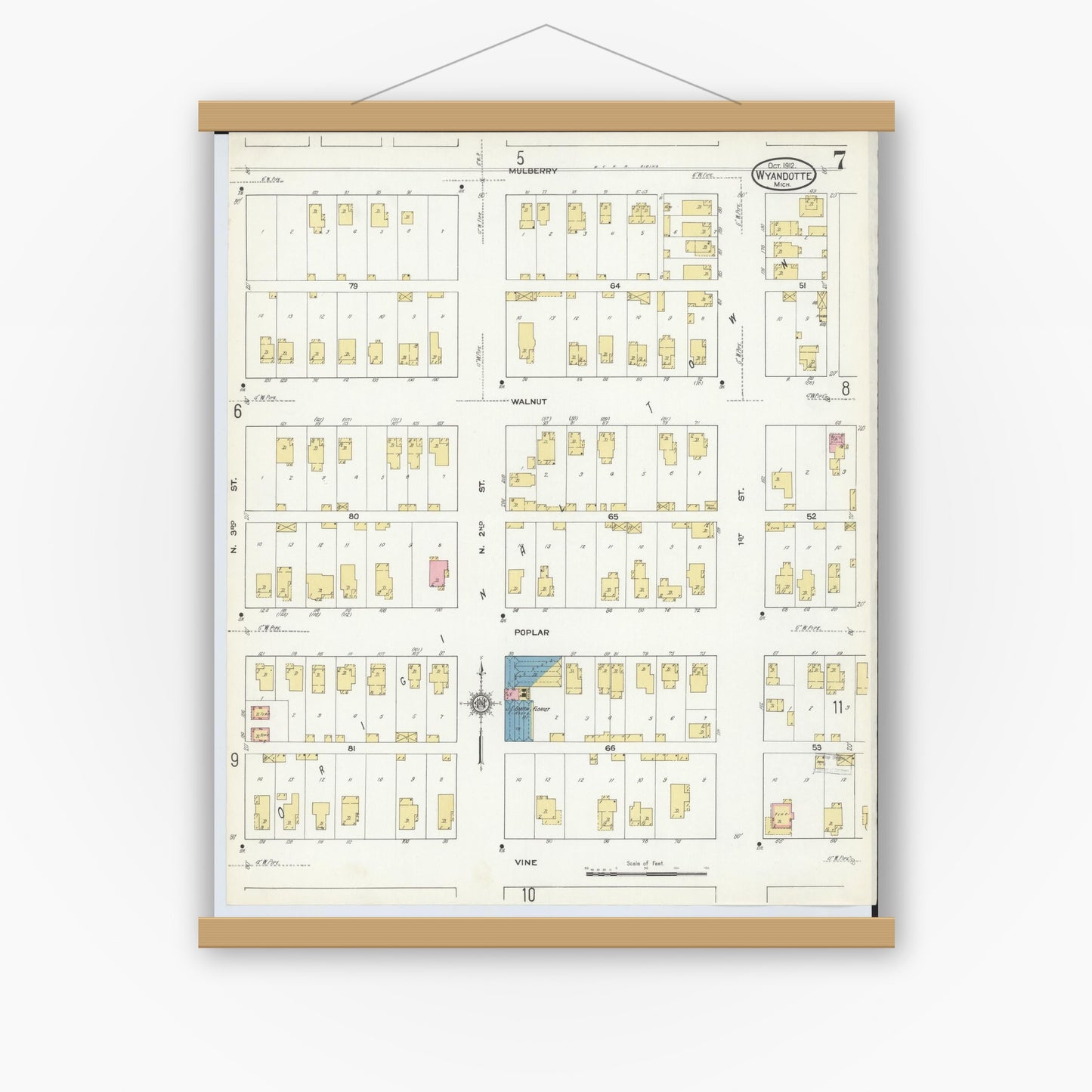 Old map wall art mockup — magnetic wood frame on white wall — Sanborn Fire Insurance Map from Wyandotte, Wayne County, Michigan (1912), Sheet #0007