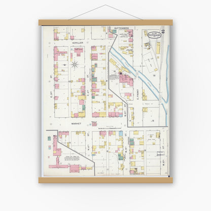 Old map wall art mockup — magnetic wood frame on white wall — Sanborn Fire Insurance Map from Hermann, Gasconade County, Missouri (1892), Sheet #0002