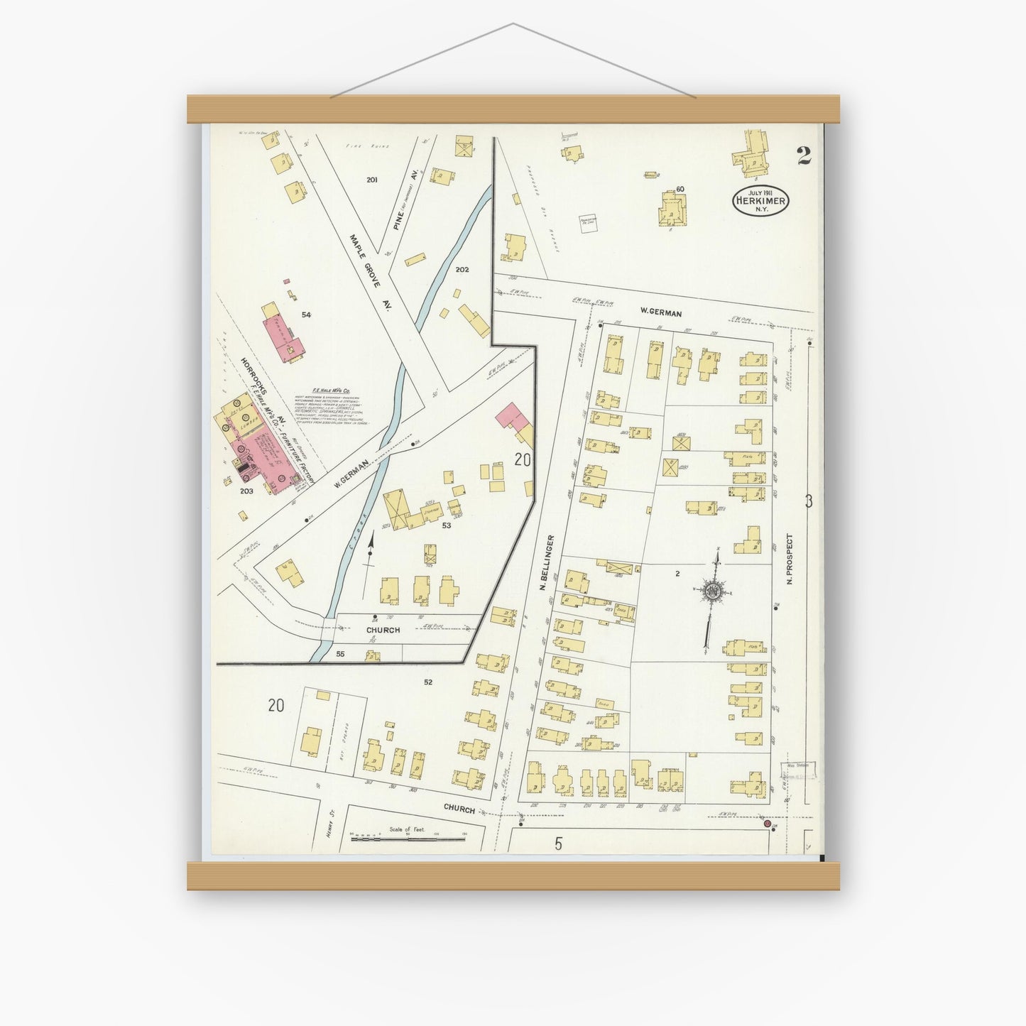 Old map wall art mockup — magnetic wood frame on white wall — Sanborn Fire Insurance Map from Herkimer, Herkimer County, New York (1911) - Complete Map Set