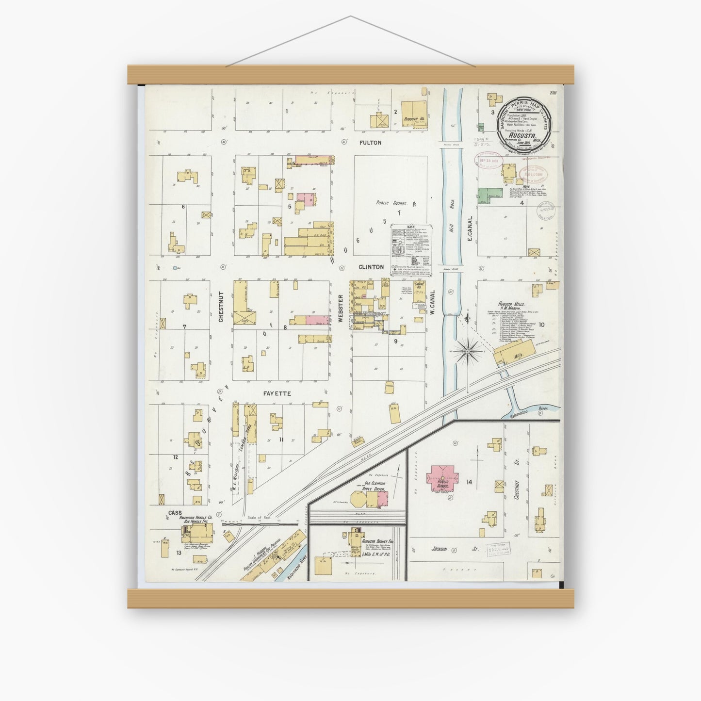 Old map wall art mockup — magnetic wood frame on white wall — Sanborn Fire Insurance Map from Augusta, Kalamazoo County, Michigan (1899), Sheet #0001
