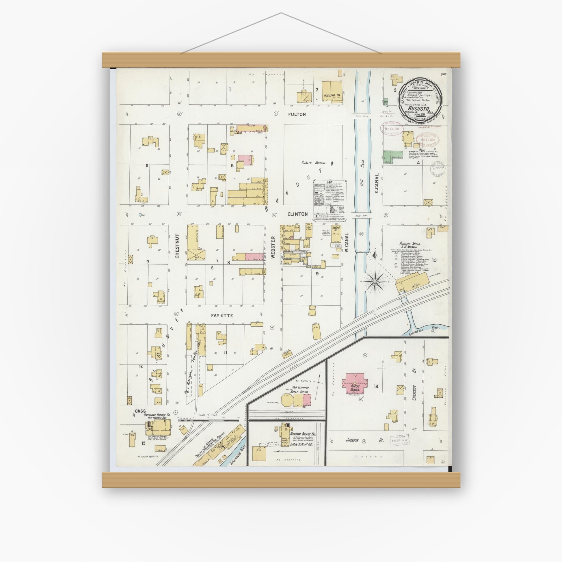 Old map wall art mockup — magnetic wood frame on white wall — Sanborn Fire Insurance Map from Augusta, Kalamazoo County, Michigan (1899), Sheet #0001