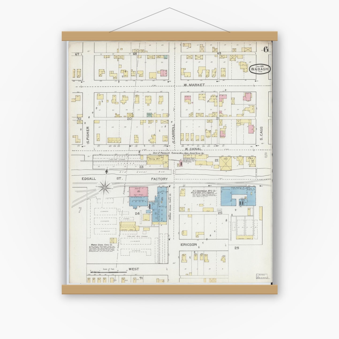 Old map wall art mockup — magnetic wood frame on white wall — Sanborn Fire Insurance Map from Wabash, Wabash County, Indiana (1893), Sheet #0006