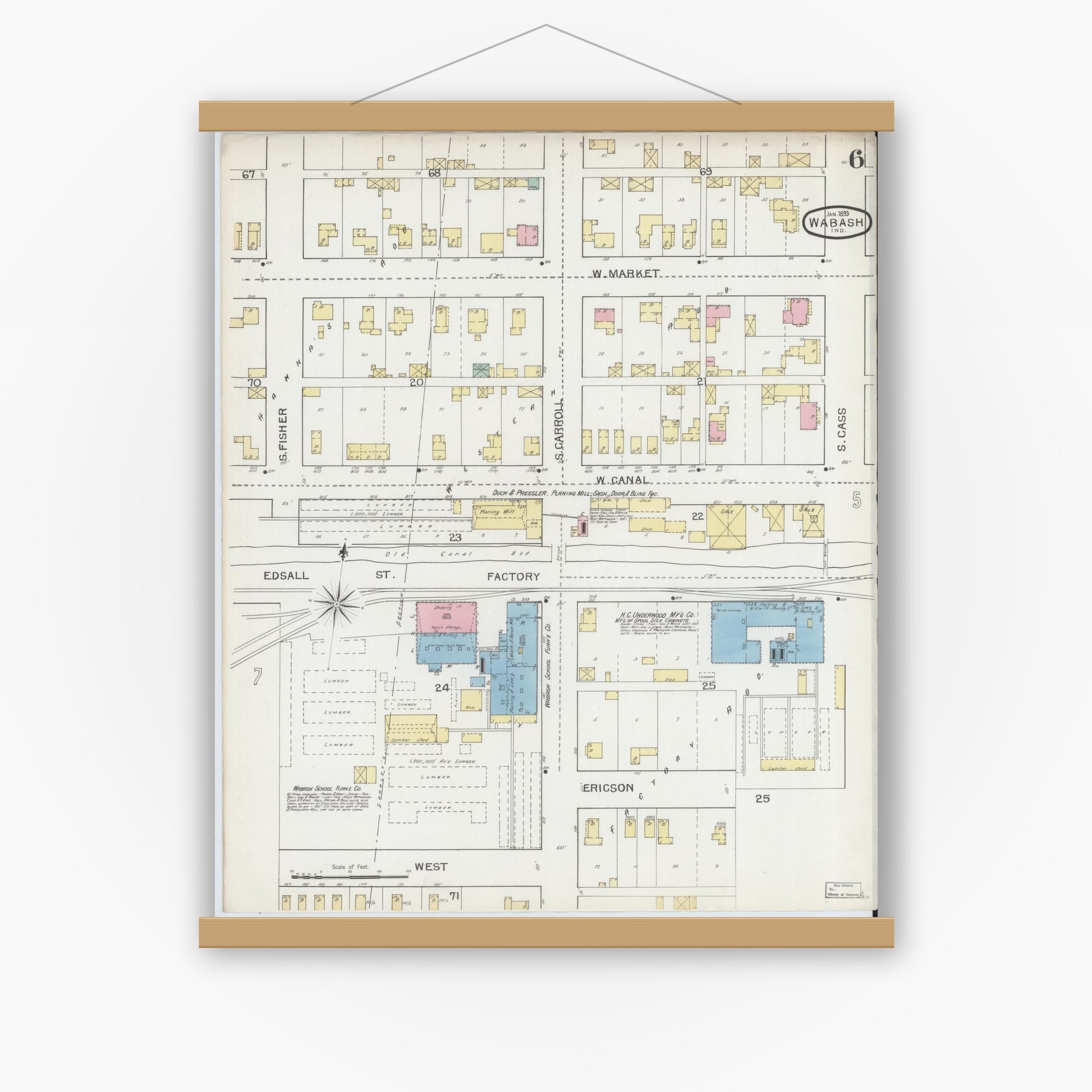 Old map wall art mockup — magnetic wood frame on white wall — Sanborn Fire Insurance Map from Wabash, Wabash County, Indiana (1893), Sheet #0006