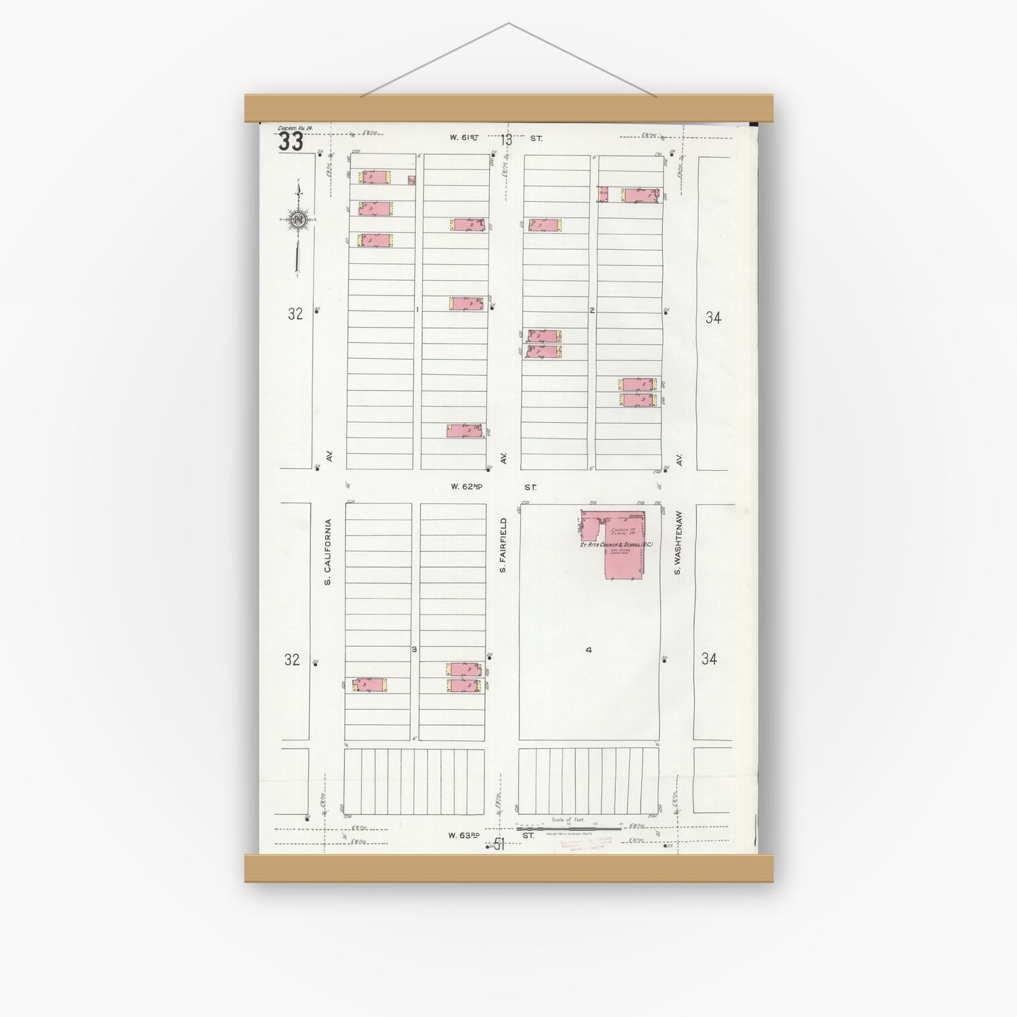 Old map wall art mockup — magnetic wood frame on white wall — Sanborn Fire Insurance Map from Chicago, Cook County, Illinois (1920), Sheet #0033