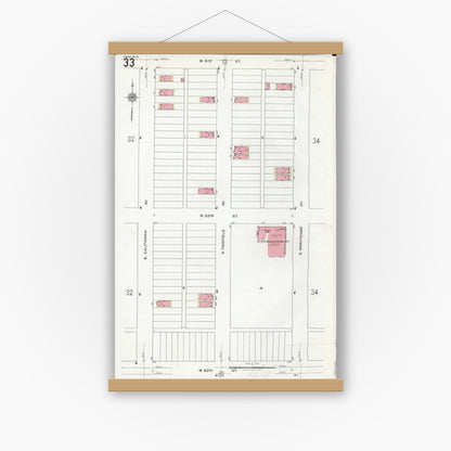 Old map wall art mockup — magnetic wood frame on white wall — Sanborn Fire Insurance Map from Chicago, Cook County, Illinois (1920), Sheet #0033