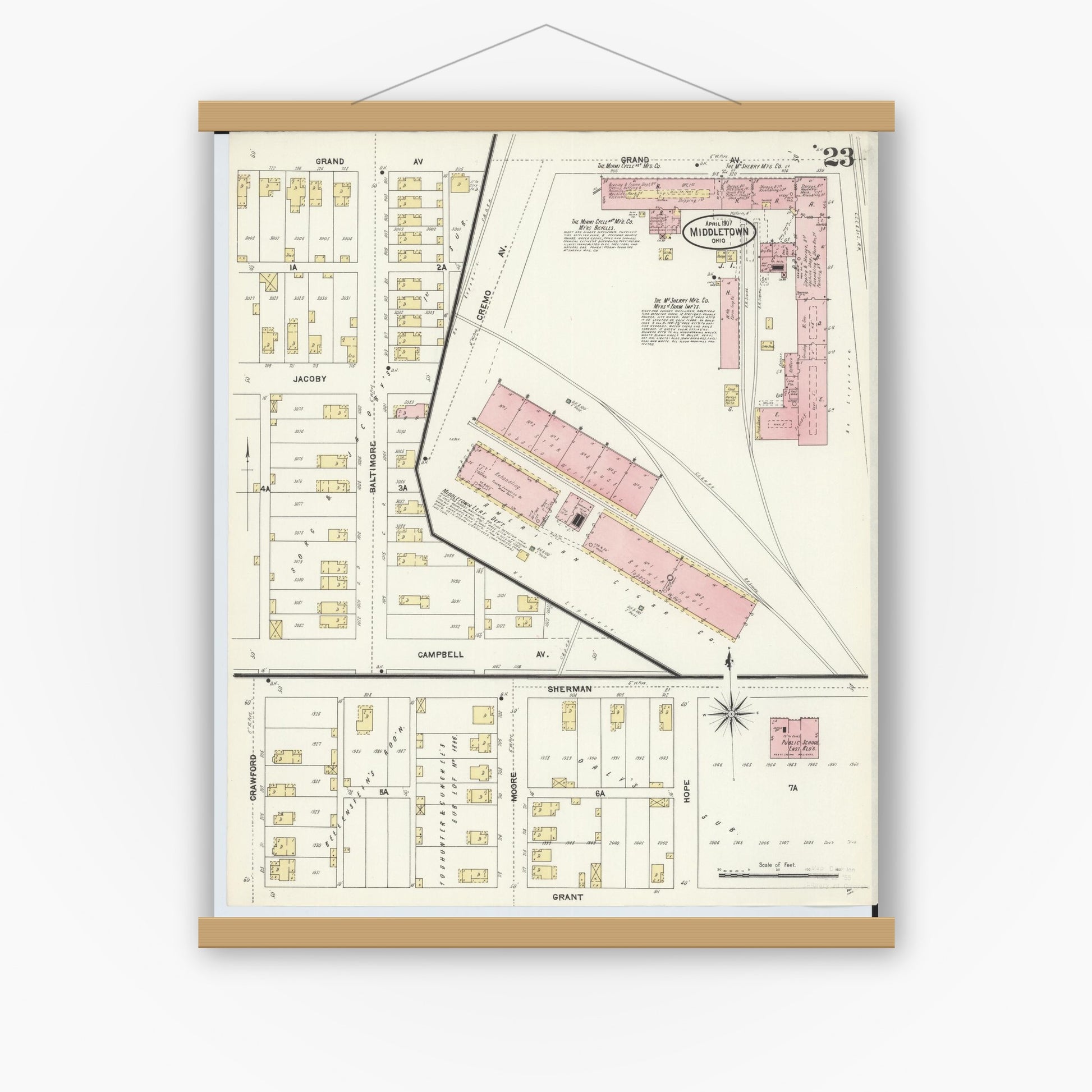 Old map wall art mockup — magnetic wood frame on white wall — Sanborn Fire Insurance Map from Middletown, Butler County, Ohio (1907), Sheet #0023