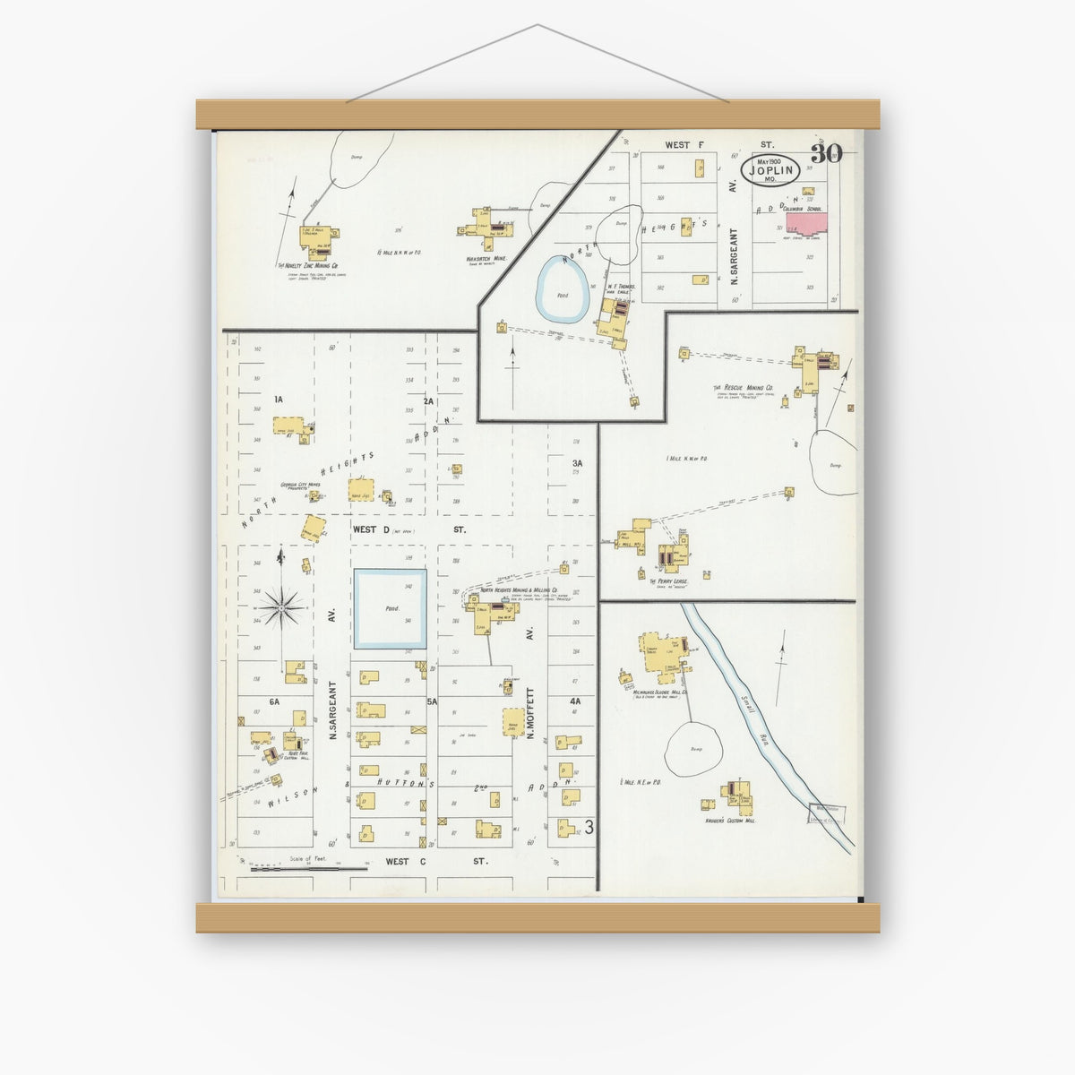 Old map wall art mockup — magnetic wood frame on white wall — Sanborn Fire Insurance Map from Joplin, Jasper County, Missouri (1900), Sheet #0030