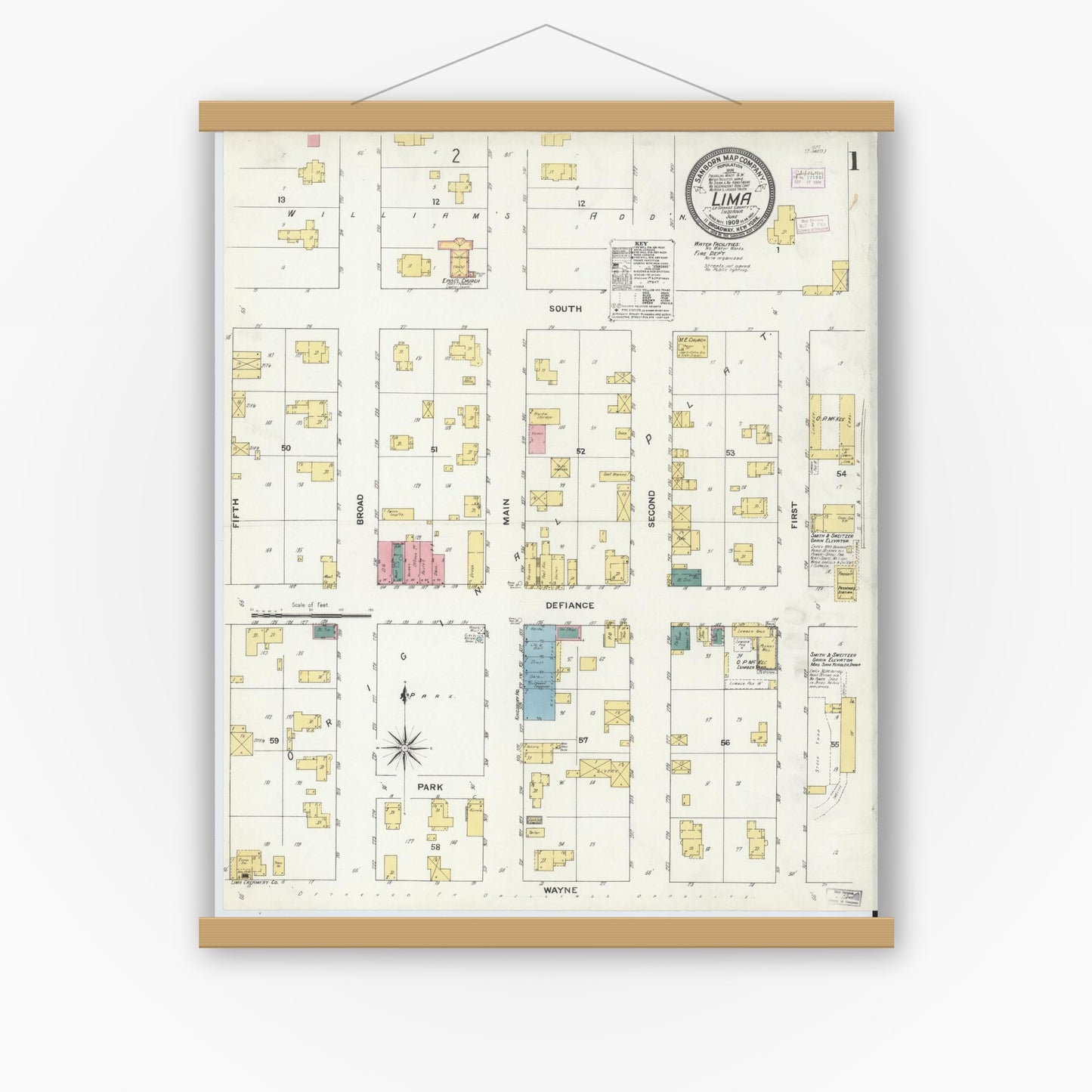 Old map wall art mockup — magnetic wood frame on white wall — Sanborn Fire Insurance Map from Lima, LaGrange County, Indiana (1909), Sheet #0001