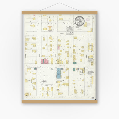 Old map wall art mockup — magnetic wood frame on white wall — Sanborn Fire Insurance Map from Lima, LaGrange County, Indiana (1909), Sheet #0001
