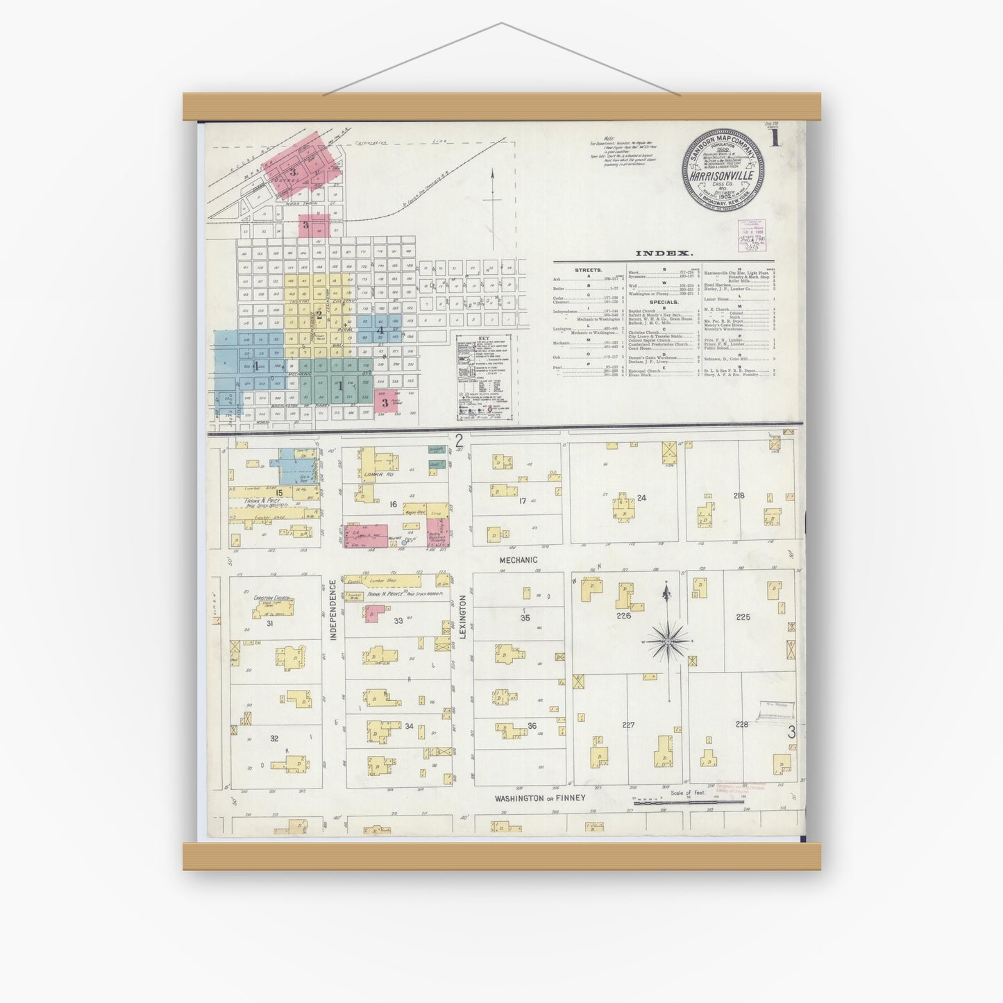 Old map wall art mockup — magnetic wood frame on white wall — Sanborn Fire Insurance Map from Harrisonville, Cass County, Missouri (1902) - Complete Map Set