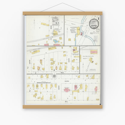 Old map wall art mockup — magnetic wood frame on white wall — Sanborn Fire Insurance Map from Saranac, Ionia County, Michigan (1900), Sheet #0001