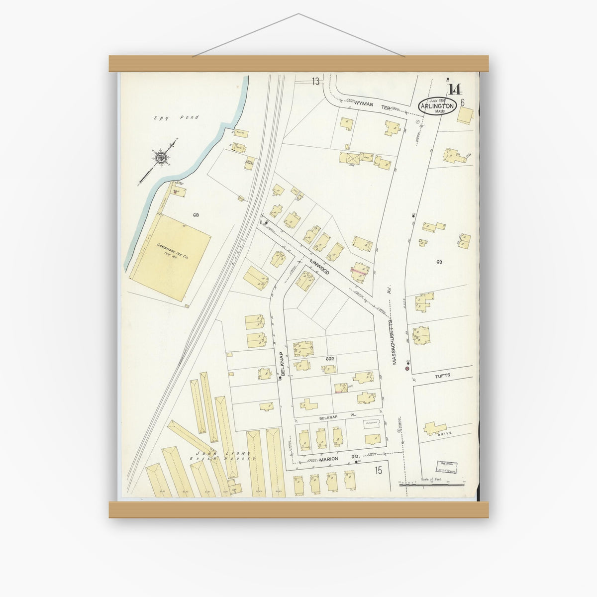 Old map wall art mockup — magnetic wood frame on white wall — Sanborn Fire Insurance Map from Arlington, Middlesex County, Massachusetts (1914), Sheet #0014