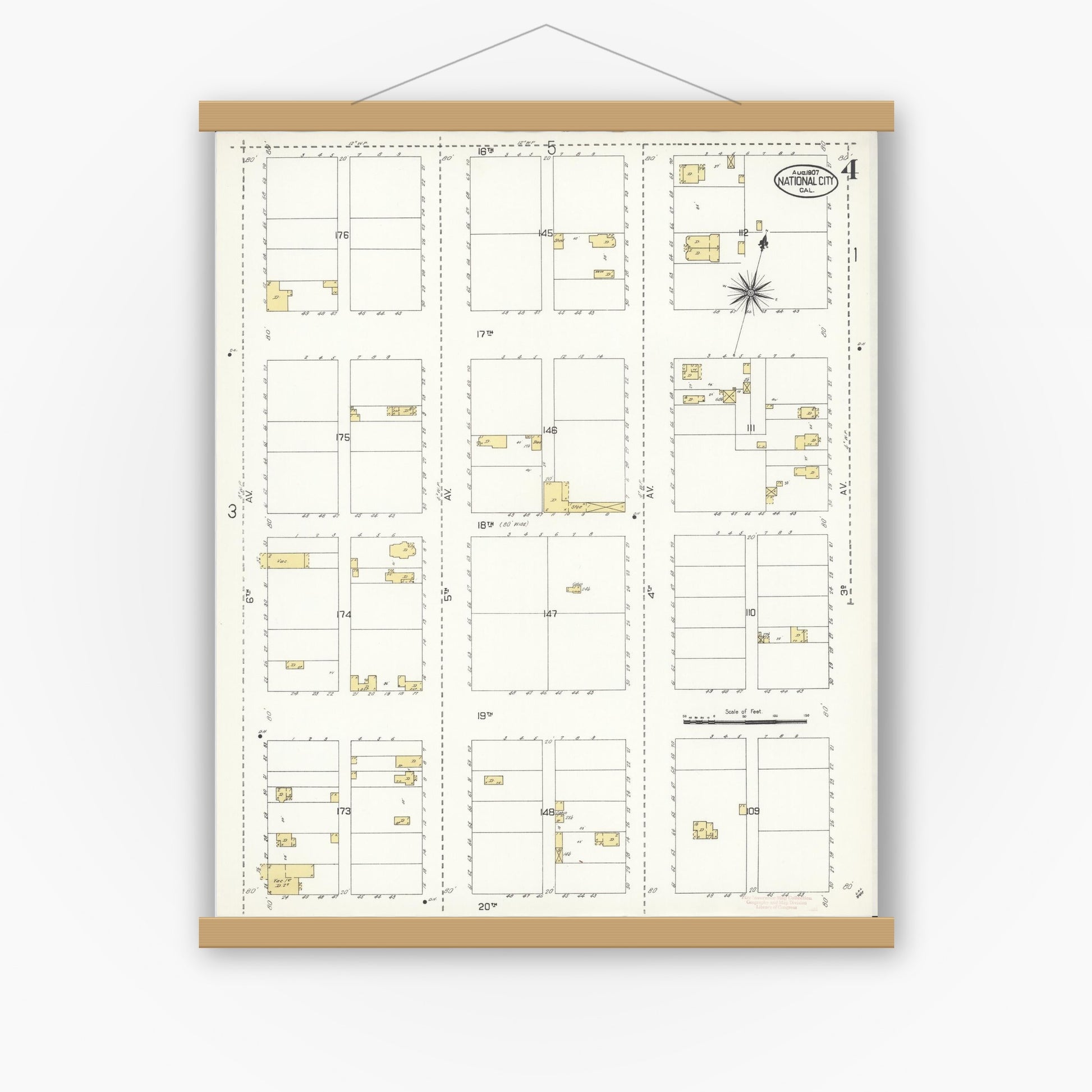 Old map wall art mockup — magnetic wood frame on white wall — Sanborn Fire Insurance Map from National City, San Diego County, California (1907), Sheet #0004