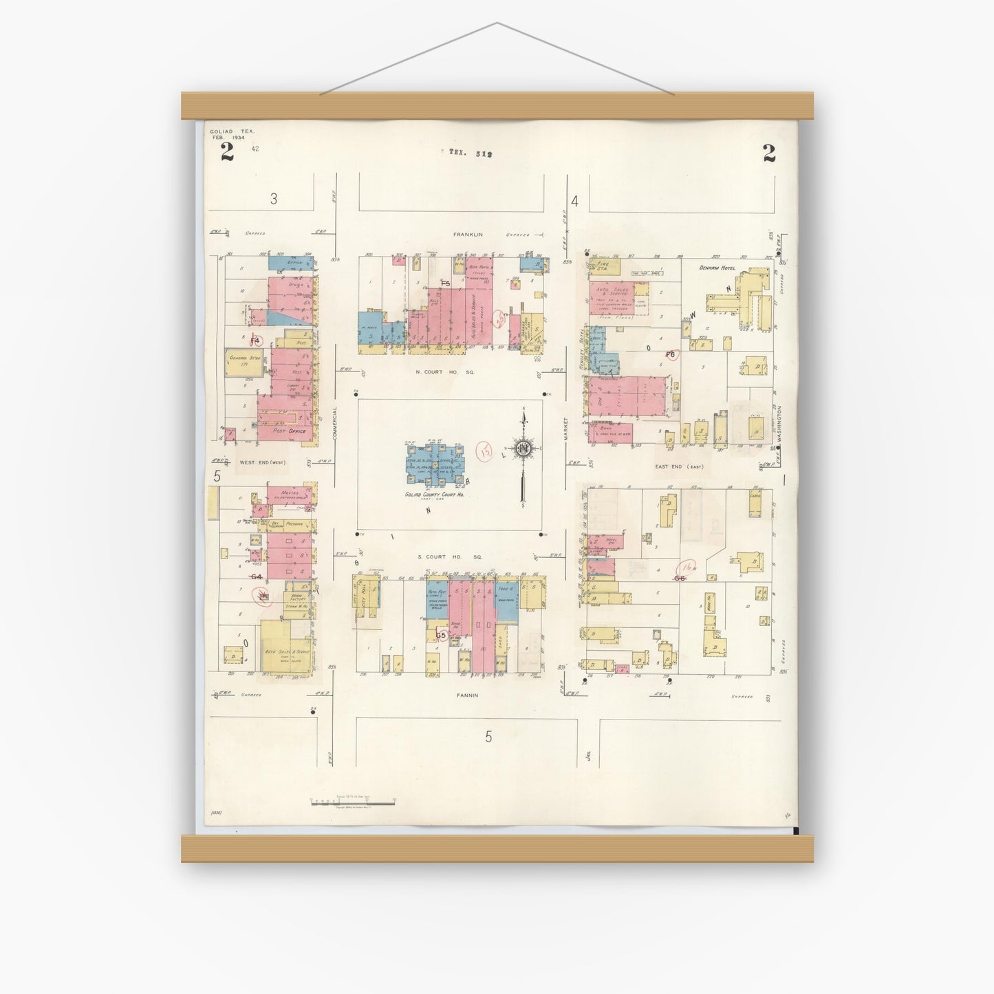 Old map wall art mockup — magnetic wood frame on white wall — Sanborn Fire Insurance Map from Goliad, Goliad County, Texas (1944), Sheet #0002