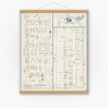 Old map wall art mockup — magnetic wood frame on white wall — Sanborn Fire Insurance Map from Two Harbors, Lake County, Minnesota (1914), Sheet #0009