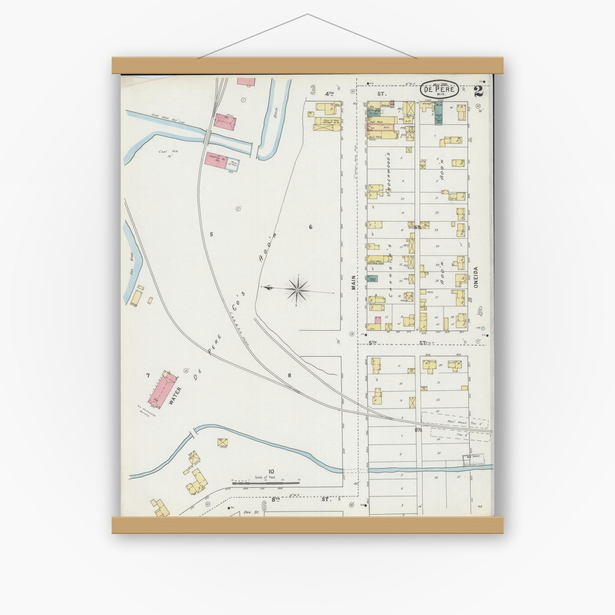 Old map wall art mockup — magnetic wood frame on white wall — Sanborn Fire Insurance Map from De Pere, Brown County, Wisconsin (1895), Sheet #0002