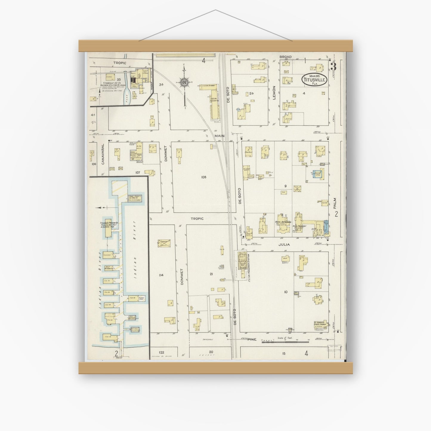 Old map wall art mockup — magnetic wood frame on white wall — Sanborn Fire Insurance Map from Titusville, Brevard County, Florida (1915), Sheet #0003