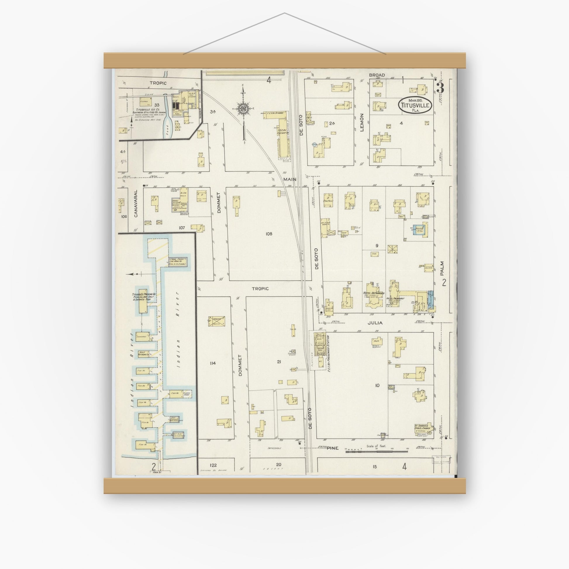 Old map wall art mockup — magnetic wood frame on white wall — Sanborn Fire Insurance Map from Titusville, Brevard County, Florida (1915), Sheet #0003