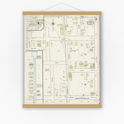 Old map wall art mockup — magnetic wood frame on white wall — Sanborn Fire Insurance Map from Titusville, Brevard County, Florida (1915), Sheet #0003