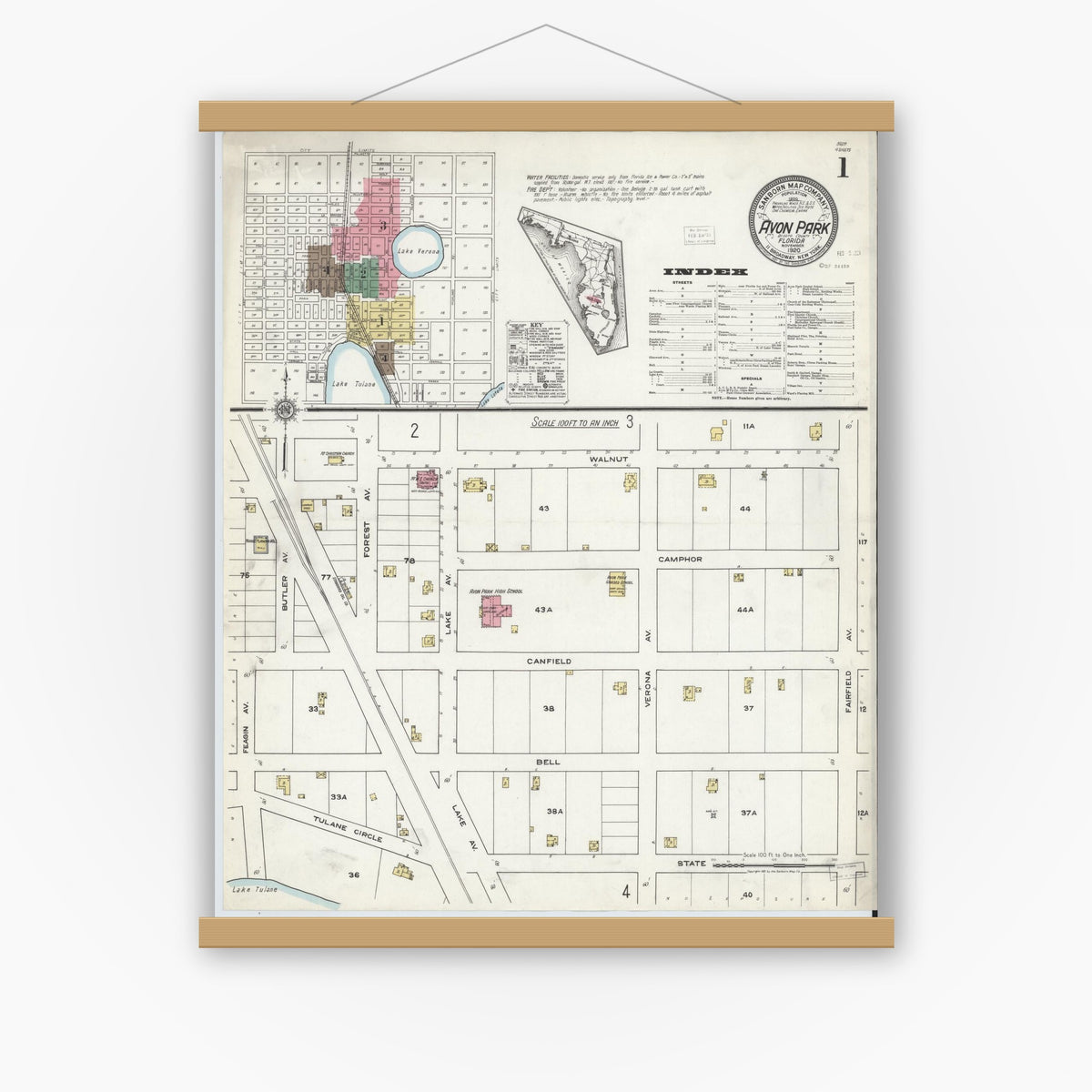 Old map wall art mockup — magnetic wood frame on white wall — Sanborn Fire Insurance Map from Avon Park, Highlands County, Florida (1920) - Complete Map Set