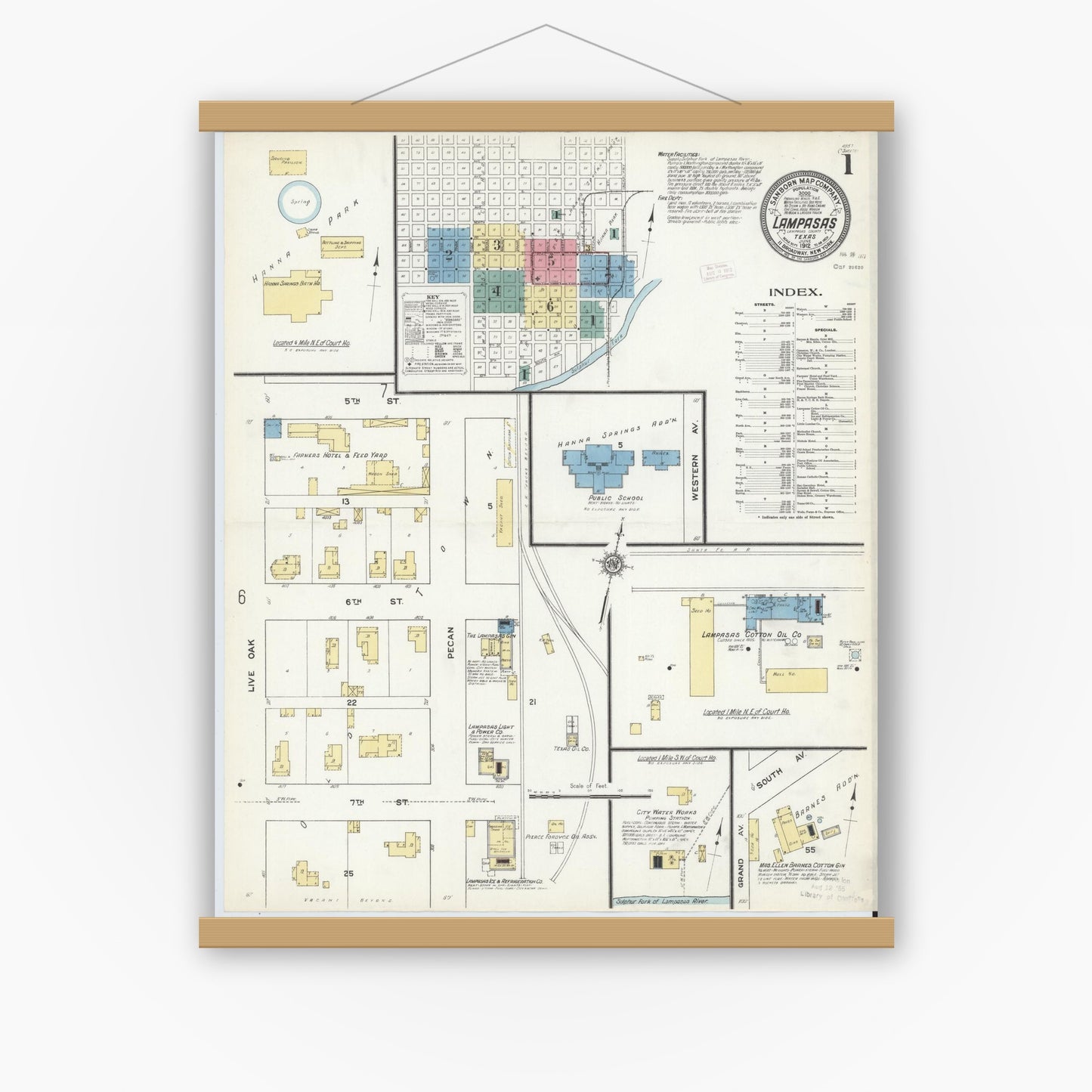 Old map wall art mockup — magnetic wood frame on white wall — Sanborn Fire Insurance Map from Lampasas, Lampasas County, Texas (1912), Sheet #0001