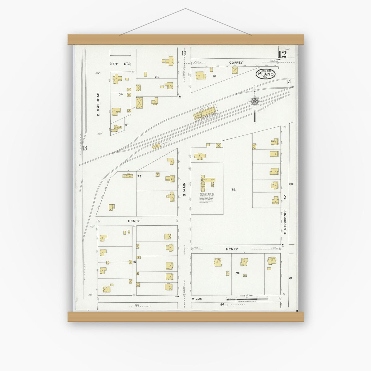 Old map wall art mockup — magnetic wood frame on white wall — Sanborn Fire Insurance Map from Plano, Collin County, Texas (1921), Sheet #0012