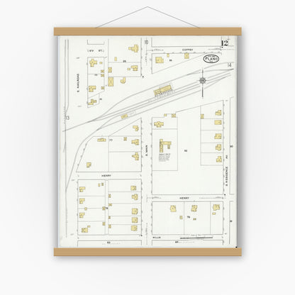 Old map wall art mockup — magnetic wood frame on white wall — Sanborn Fire Insurance Map from Plano, Collin County, Texas (1921), Sheet #0012