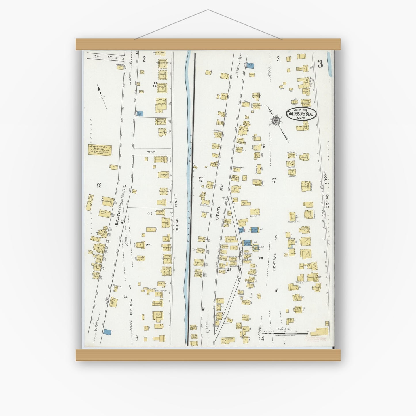 Old map wall art mockup — magnetic wood frame on white wall — Sanborn Fire Insurance Map from Salisbury, Essex County, Massachusetts (1919), Sheet #0003