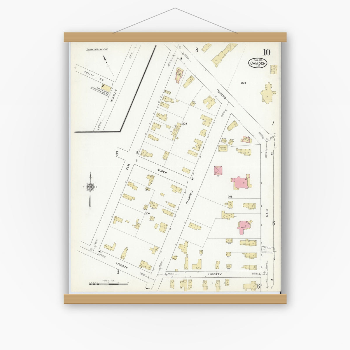 Old map wall art mockup — magnetic wood frame on white wall — Sanborn Fire Insurance Map from Camden, Oneida County, New York (1912), Sheet #0010