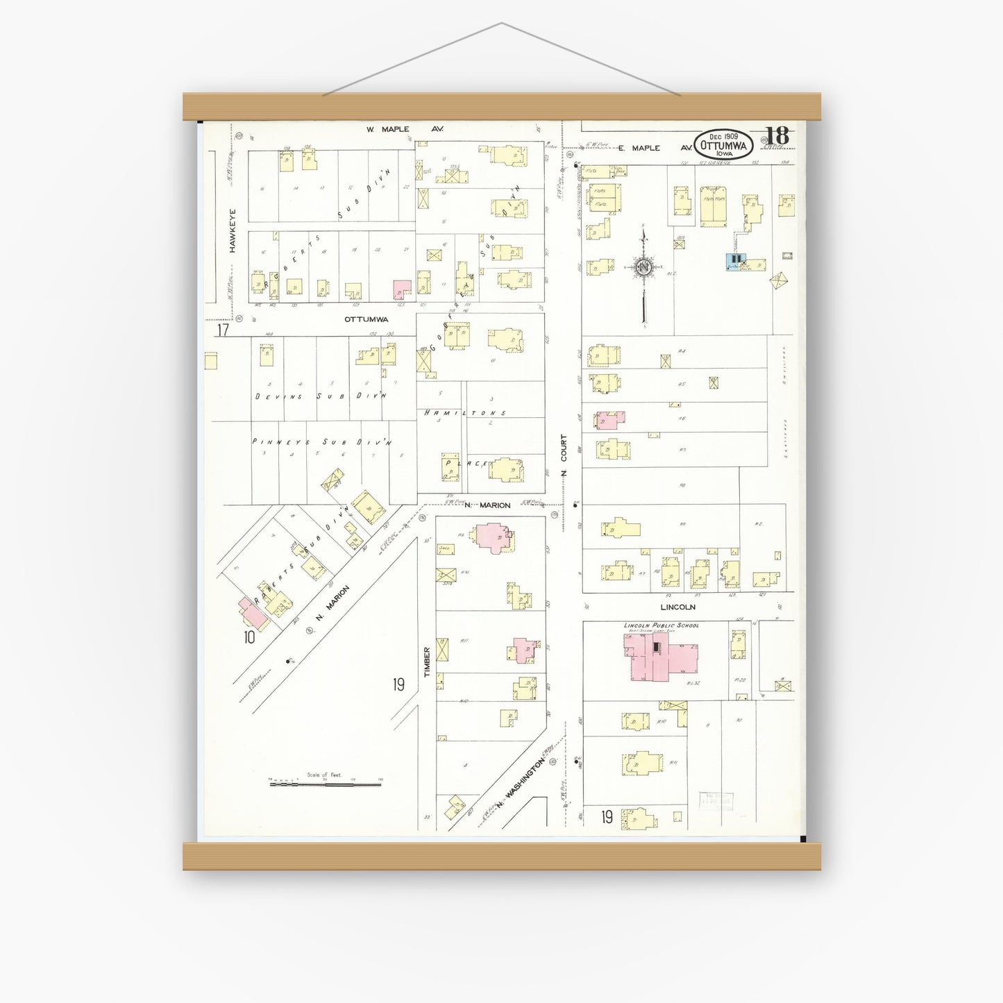 Old map wall art mockup — magnetic wood frame on white wall — Sanborn Fire Insurance Map from Ottumwa, Wapello County, Iowa (1909), Sheet #0018