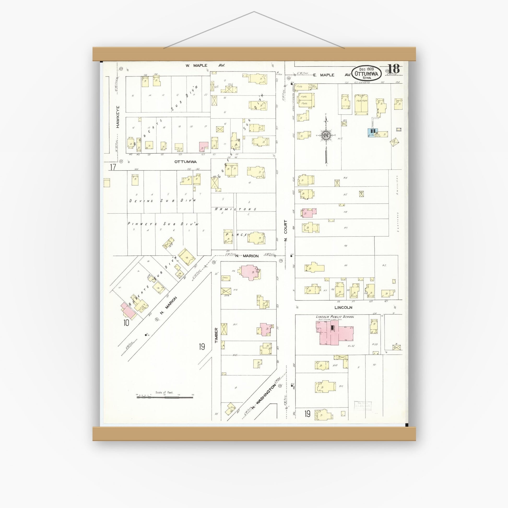 Old map wall art mockup — magnetic wood frame on white wall — Sanborn Fire Insurance Map from Ottumwa, Wapello County, Iowa (1909), Sheet #0018